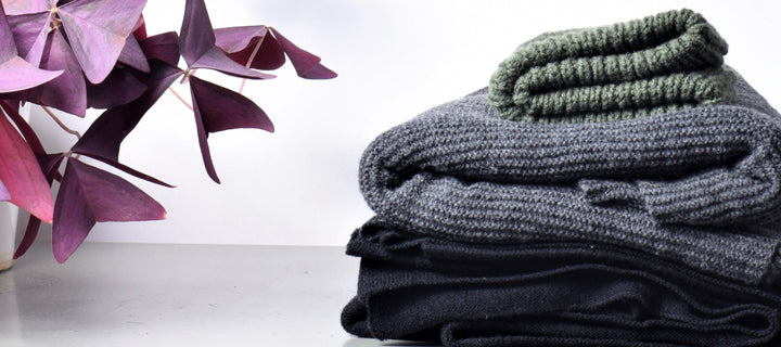 Wool scarves and beanies in charcoal, midnight blue and green by Dinadi, slow fashion from for Dignity