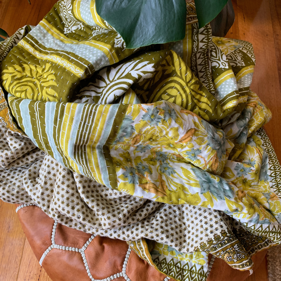 Blankets fair trade ethical sustainable fashion Cotton Blanket - Double - Flowering Olives & Limes conscious purchase Basha
