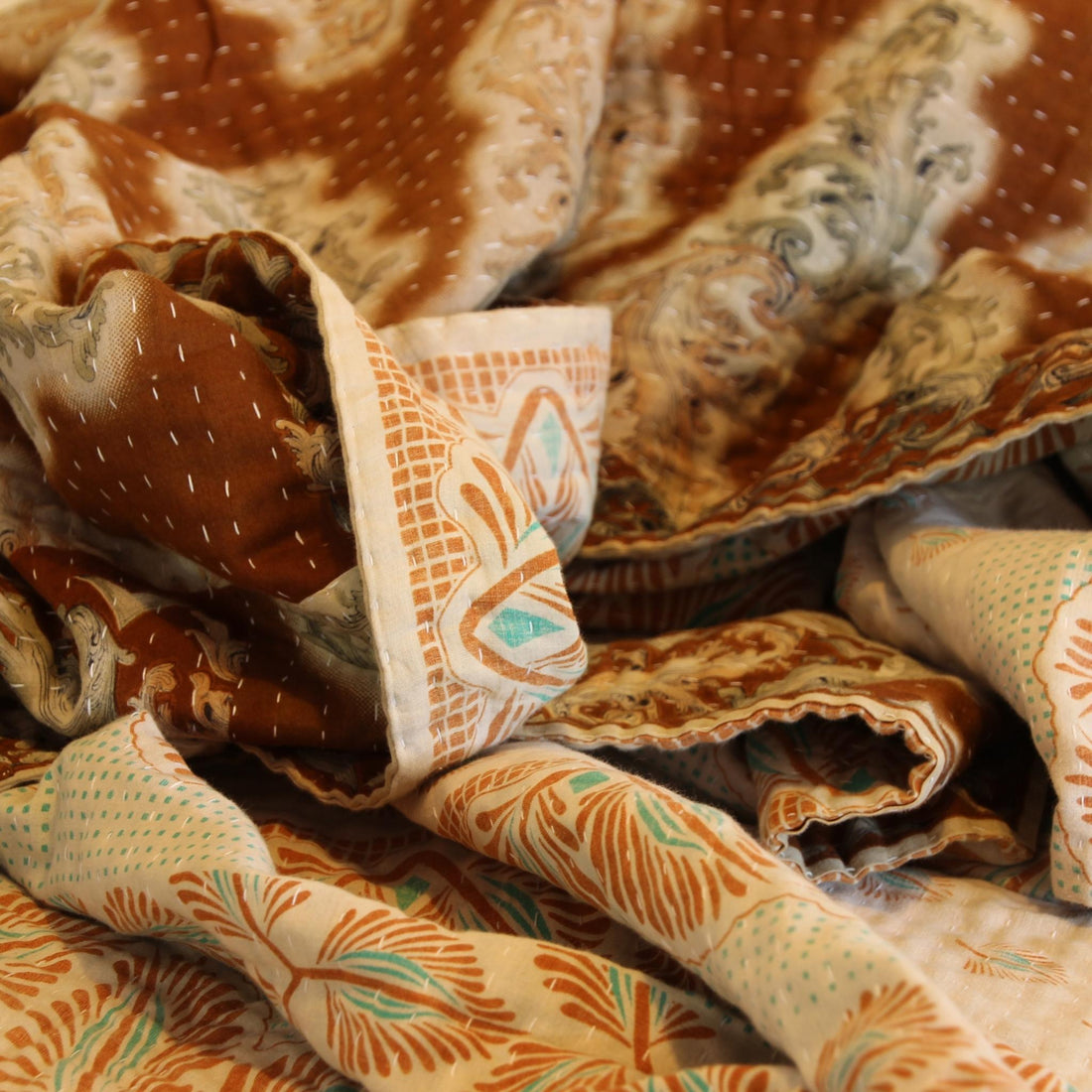 Blankets fair trade ethical sustainable fashion Cotton Blanket - Double - Terracotta Swirling Leaves conscious purchase Basha