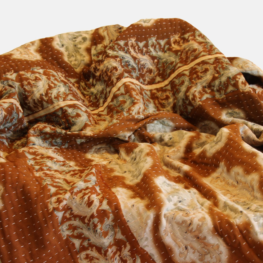 Blankets fair trade ethical sustainable fashion Cotton Blanket - Double - Terracotta Swirling Leaves conscious purchase Basha