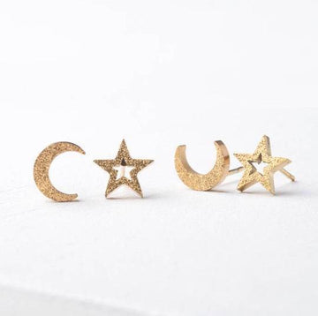 Earrings fair trade ethical sustainable fashion Gold Star and Moon Twin Studs Set -Aurora conscious purchase Starfish Project