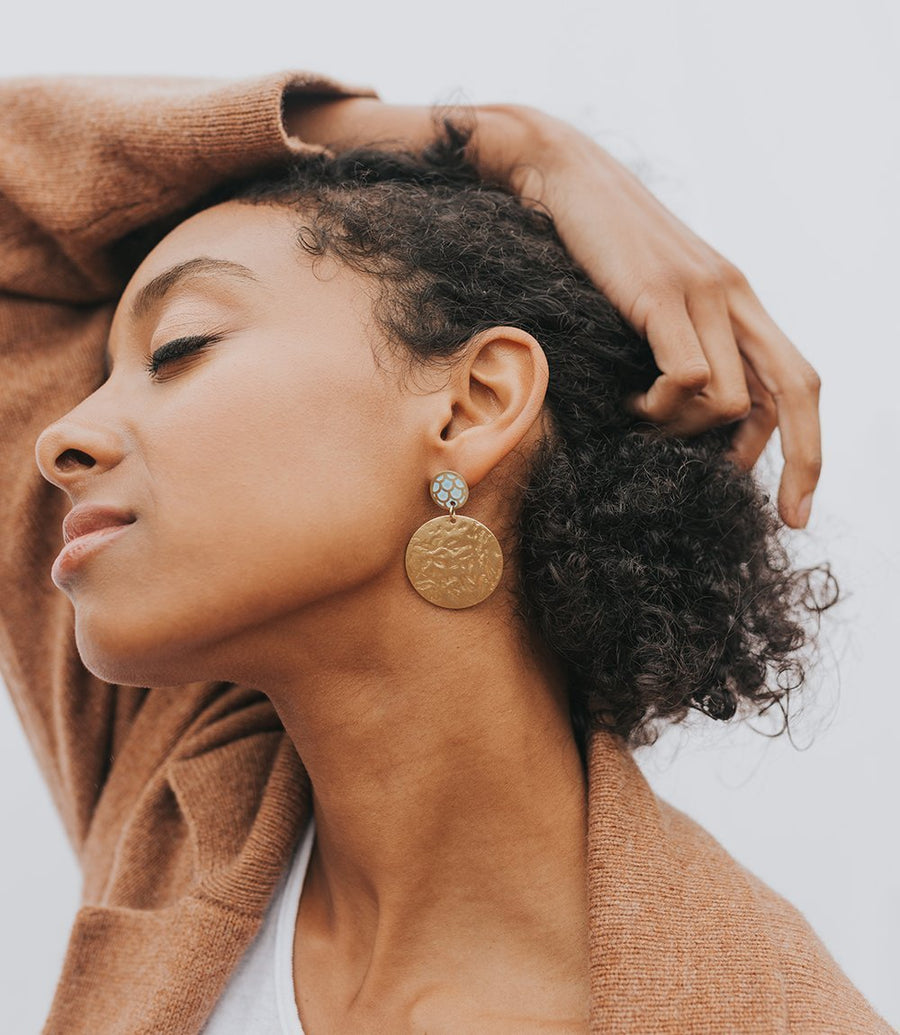 Earrings fair trade ethical sustainable fashion Hammered Gold Coin Earrings - Dhavala conscious purchase Matr Boomie