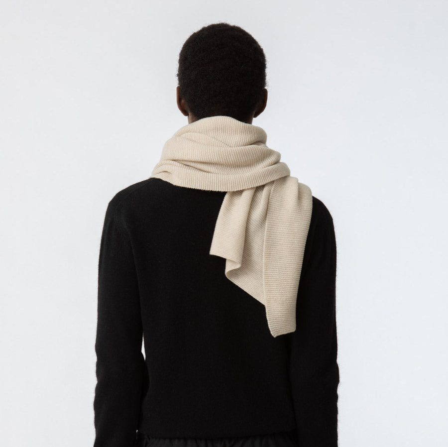 Scarves fair trade ethical sustainable fashion Garter Stitched Merino Scarf in Almond White conscious purchase Dinadi