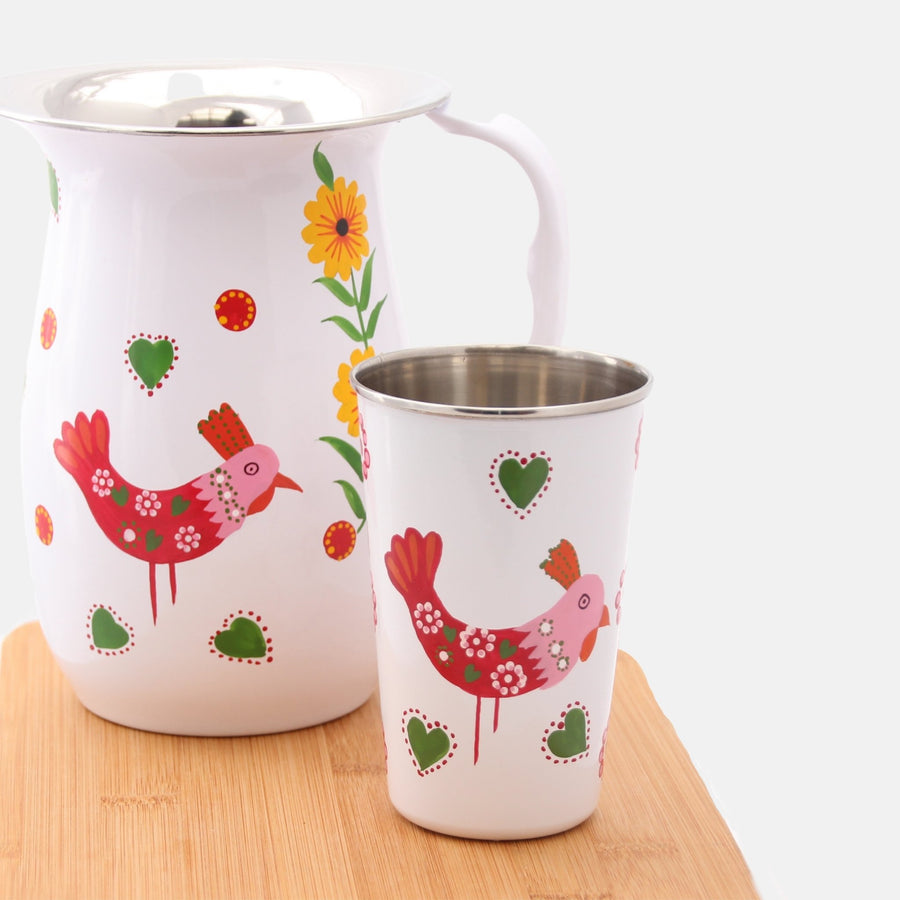 Table and Kitchen fair trade ethical sustainable fashion Hand Painted Chicken, Stainless Steel Jug in White conscious purchase Fair Go Trading